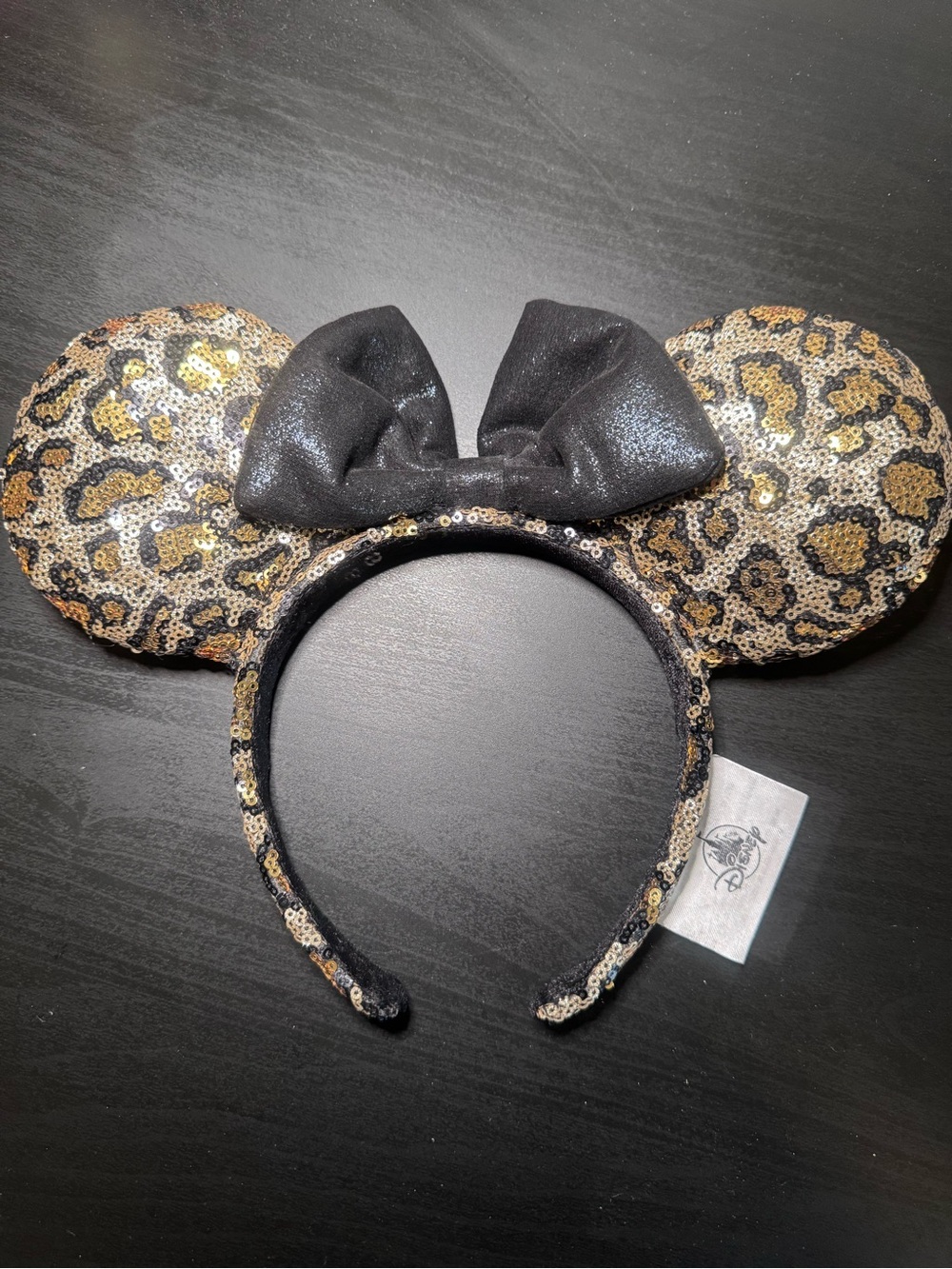 Disney Kids Gold and Black Leopard Sequin Minnie Ear Headband with Black Bow